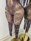 Sparkly Crystals Women Sexy with Sleeves Stretch Mesh See Through Jumpsuit Nightclub Stage Wear Performance Dance Costume