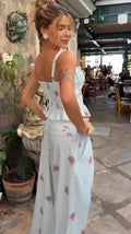 White Floral Print Two Piece Set Spaghetti Strap Ruffle Corset Top Strap Wide Leg Pants 2026 Summer Street Casual Women Outfit