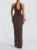 Glam Halter Cutout Maxi Dress for Women Solid Sleeveless Bodice Sequin Draped Wrap Skirt Back Slit for Evening Occasions