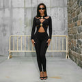 Sexy Hollow Out Jumpsuits Woman Trend Metal Buckle Decoration Full Sleeve Skinny Peach Hip Party Club Street Overalls