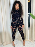 Irregular Mesh Patchwork Jumpsuit Women o-Neck Full Sleeve Sexy Hottie Stretch Skinny Hipster Fashion Street Clubwear
