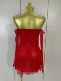 Women Sexy Strapless Backless Red Lace Split Mni Bodycon Dress With Gloves Celebrity Elegant Evening Club Birthday Party Outfit