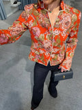 Women Floral Jacquard Contrasting Trim Blazer Lapel Collar Waist-cinching Single-breasted Jacket Autumn Lady Chic Coats 2026 New