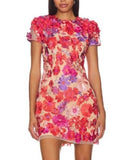 Colorblock Patchwork Flower Embroidery Dresses for Women O Neck Short Sleeve High Waist Bodycon Applique Style Dress Female