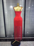 4 Colors Women Sexy Strap Shining Beading Long Tassles Bodycon Long Bandage Dress Elegant Evening Party Celebrate Birthday Wear