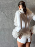 Patchwork Plush Bodysuit Women Deep v-Neck Full Sleeve Skinny High Elasticity Sexy Hottie Midnight Autumn Streetwear