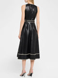Fashion Bright Line Decoration Pu Leather Dress Women Belt Sleeveless Irregular Draped Dress Club Party Female Vestidos