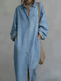Women Denim Dress Lapel Collar Long Sleeve Loose Maxi Button Down Pocketed Casual Fashion Summer