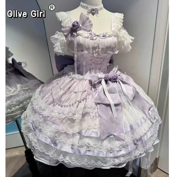 Olivegirl Lolita Style Sweet Ballet Cute Girl Lady Dress Fairy Heavy Industry Lace Birthday Party Princess Dress Jsk for Women