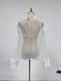 Solid Loose Fashion Blouse for Women Stand Neck Long Sleeves Patchwork Sheer Elegant T Shirts Female Clothing New