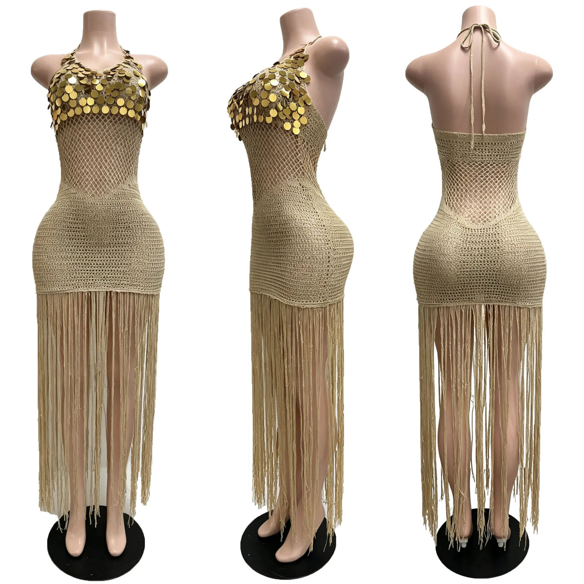 Sexy Cutout Crochet Beach Dress 2026 Summer Women One Shoulder Backless Knitted Sequined Fringe Tassel Midi Dress Clubwear