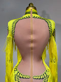 Yellow Tassel Stretch Bodycon Jumpsuit Nightclub Gogo Dance Clothing Dj Rave Outfit Nightclub Party Singer Performance Outfit