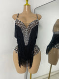 Women Sexy Sparkly Rhinestone Tassels Mesh See Through Sleeveless Bodysuit Nightclub Performance Dance Costume Singer Stage Wear