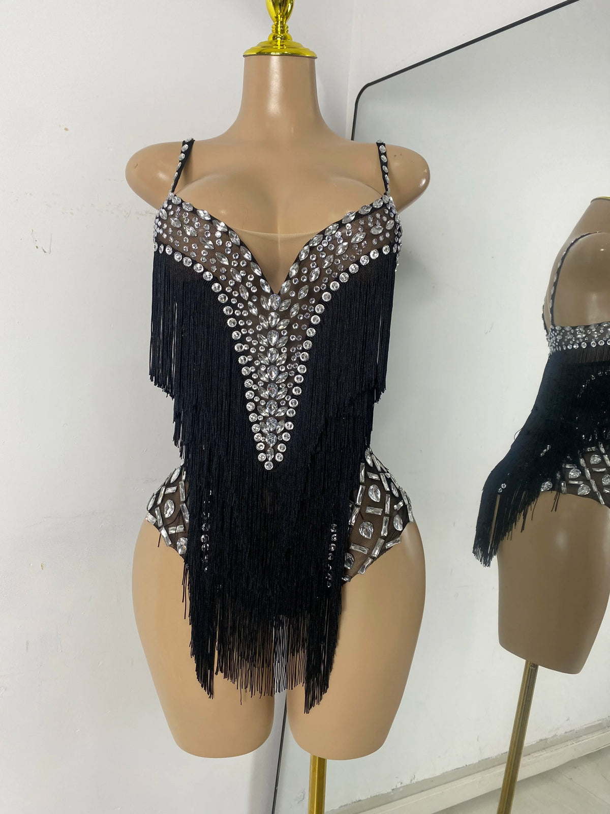 Women Sexy Sparkly Rhinestone Tassels Mesh See Through Sleeveless Bodysuit Nightclub Performance Dance Costume Singer Stage Wear