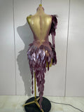 Luxury Diamonds Birthday Evening Party Bar Nightclub Stage Costume Sexy Purple One Shoulder Mesh See Through Bodycon Mini Dress