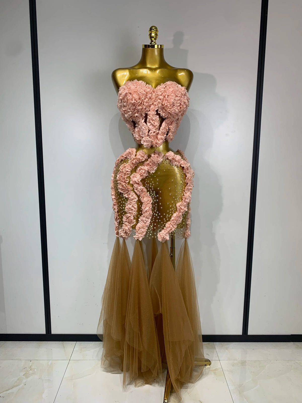 Women Sexy Strapless Flower Sheer Two Pieces Set Bodycon Nightclub Evening Party Birthday Singer Stage PerformanceOutfit