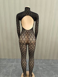Coquette Backless Jumpsuit Women Sexy Jacquard See Through Turtleneck Full Sleeve Stretch Midnight Club Streewear