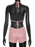 Sexy Dot Print 3 Piece Sets Women Chic Halter Bra Tops+Short Sleeves Crop Tops+Shorts Skinny Beach Vacation Clubwear