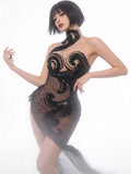 Women Black Sexy Mesh Asymmetric Bodycon Mini Dress Sparkly Diamonds Nightclub Bar Party Show Gogo Dancer Clothing Stage Costume