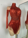 Red Rhinestones Skinny Bodysuit Women Sexy Long Sleeve Tassel Performance Singer Dance Costume Nightclub Celebrate Stage Wear