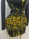 2026 Women Birthday Evening Party Nightclub Outfit Singer Wedding Costume Sparkly Crystal Chains Pearls Long Sleeve Mini Dress