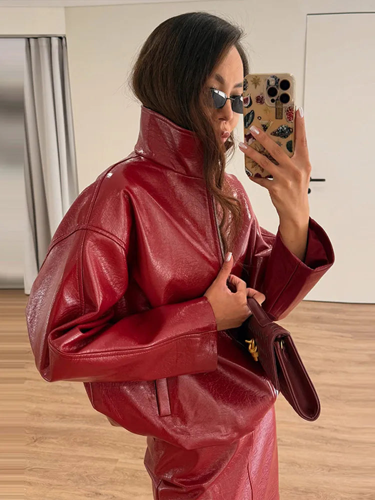Women 2‑Piece Outfit Glossy Waxed Faux Leather Zip‑Up Jacket And High Waist Split Midi Skirt Set Fall Streetwear Matching Suit