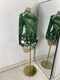 Luxury Sequins Long Sleeve Mini Dress Women Sexy Spandex Performance Dance Costume Party Celebrate Night Club Stage Outfit