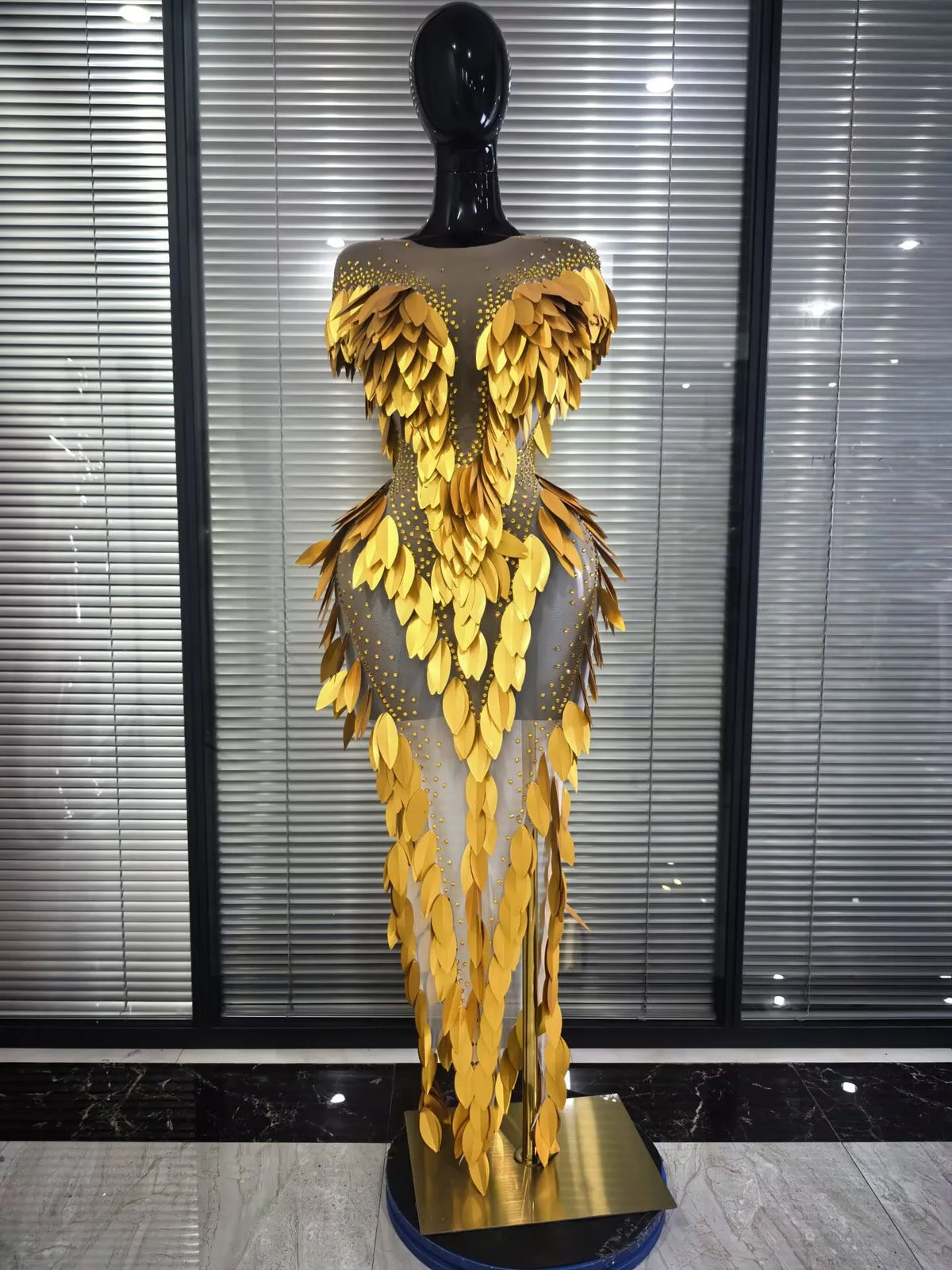 Pink Golden Women Sexy Mesh See Through Bodycon Long Dress 3D Leaves Celebrate Birthday Photoshoot Performance Costumes Wear