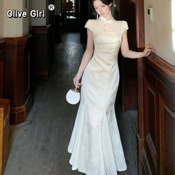 Olive Girl Red Embroidered Qipao for Ren Faire 2026 Garden Wedding Fairycore Photoshoot Everyday Wear S-XXL XS-3XL Plus Size Hand Embroidered Dramatic Silhouette Romantic Garden Party Editorial Not Costume Chinese Heritage Fashion Women
