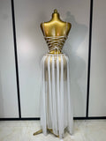 Women Sexy Hollow Out See Through Long Dress Two Piece Set Nightclub Stage Performance Costume Birthday Party Cocktail Dress