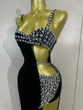Sexy Photo Shoot Outfit Sparkly Diamonds Side Slit Black Velvet Bodycon Long Dress Women Evening Party Nightclub Stage Costumes