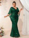2026 Plus Size Luxury Green Evening Dresses Women Chiffon Sleeve Mermaid Formal Sequins Prom Wedding Party Cocktail Gowns