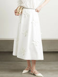 Solid Color Spliced Appliques Elegant A-line Skirt White Pink Mid-length For Women High Waist Skirt Female