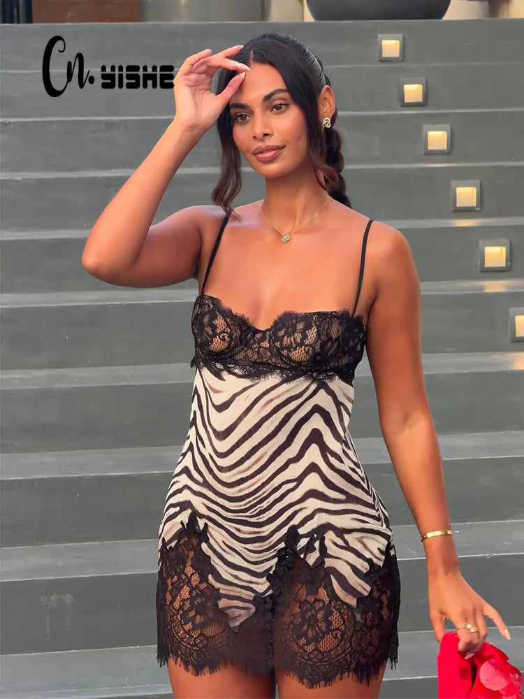 Camisoles Zebra Prints Lace Patchwork Women Dresses Party Outfits Female Sexy Club Skinny Bodycon Sheer Chic Trendy