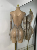 Sparkly Rhinestones Fringes Tight Bodysuit Women Sexy Mesh See Through Performance Stage Outfit Luxury Birthday Party Wear