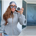 Grey Long Sleeve 2 Piece Outfit Chic Lapel Zip Slim Top Long Fringe Wide Leg Pants 2026 Autumn Women Casual Lady Matching Set