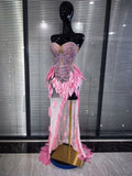 Skyblue Pink Women Sexy Strapless Shining Rhinestones Mesh Bodycon Mermaid Dress Celebrate Birthday Party Cocktail Outfit