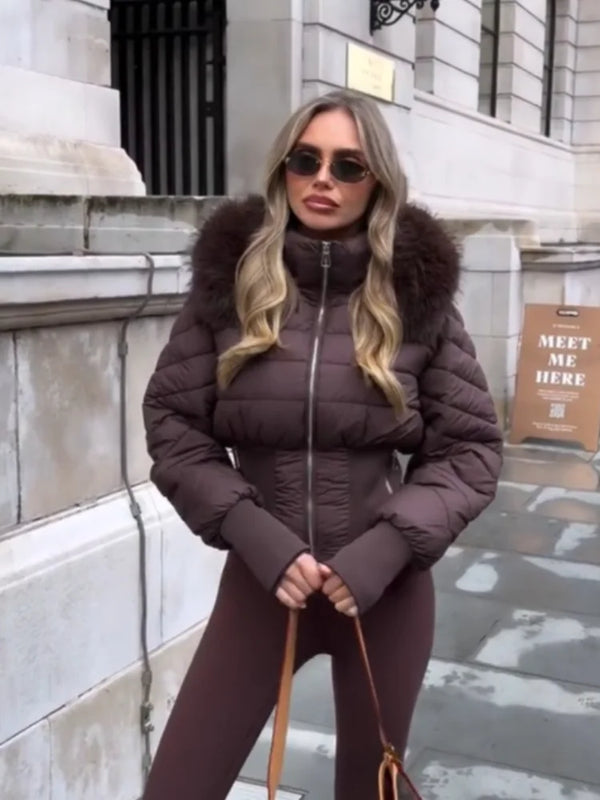 Women Cropped Puffer Jacket Stand Collar Full Zip Long Sleeve Ribbed Hem Warm Slim Fit Winter 2026 Lady Daily Casual Outerwear
