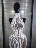 White Shining Rhinestones Women Sexy Off the Shoulder Mesh See Through Bodycon Long Dress Nightclub Party Performance Costumes