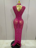 Luxury Sparkly Crystal Diamond Mesh See Through Maxi Long Dress Women Elegant Party Costume Singer Sexy Stage Performance Outfit