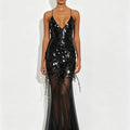 New Summer Sequins Patchwork Mesh Slim Long Dress Women Casual Vacation Dress Sexy Suspender V Neck Backless Evening Dress