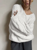 Women's Cable Knit Sweater V Neck Long Sleeve Oversized Loose Chunky Twist Pullover Tops Casual Autumn Retro Commute Top