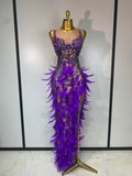 Sparkly Rhinestones Feather Sexy Bodycon Long Dress Women Luxury Birthday Evening Party Fashion Show Nightclub Stage Costume