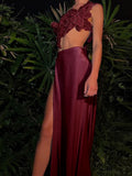 Sequin Flowers 2Piece Set Women Sexy Beach Vacation y2k Chic Skew Collar Tank Tops+Bandage Maxi Split Skirts Clubwear