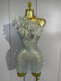 Women One Shoulder Mesh See Through Mini Dress Sexy Sparkly Rhinestones Birthday Evening Celebrate Party DJ Nightclub Stage Wear