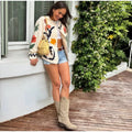 Colorful Flower Printed Pattern Cardigan Women O Neck Long Sleeves Patch Pockets Loose Short Coat Women Daily Commute Outwear