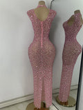 Luxury Crystal Diamonds Long Party Dress Sexy Mesh Sleeveless See Through Evening Prom Birthday Women's Clothing Singer Wear