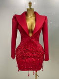 2026 Women Birthday Evening Party Nightclub Outfit Singer Wedding Costume Sparkly Crystal Chains Pearls Long Sleeve Mini Dress