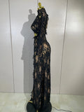 Women Long Sleeve Evening Party Club Bar Birthday Celebrity Gowns Sexy White Lace High Neck Hollow Out Design Bodycon Long Dress