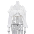 French Vintage White Ruffled Crop Top for Women Lace Trim Puff Sleeves Back Tie Design Blouse for Romantic Dates